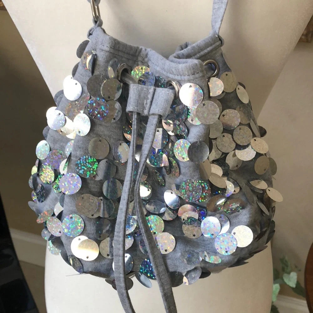 Justice Girls Heather Gray w Silver Sequin Hobo Bag Purse Lined Adjustable Strap